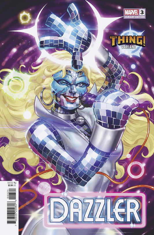 Comic book cover featuring Dazzler, reimagined as a disco ball-clad superhero with blond hair, winking, and holding a microphone.