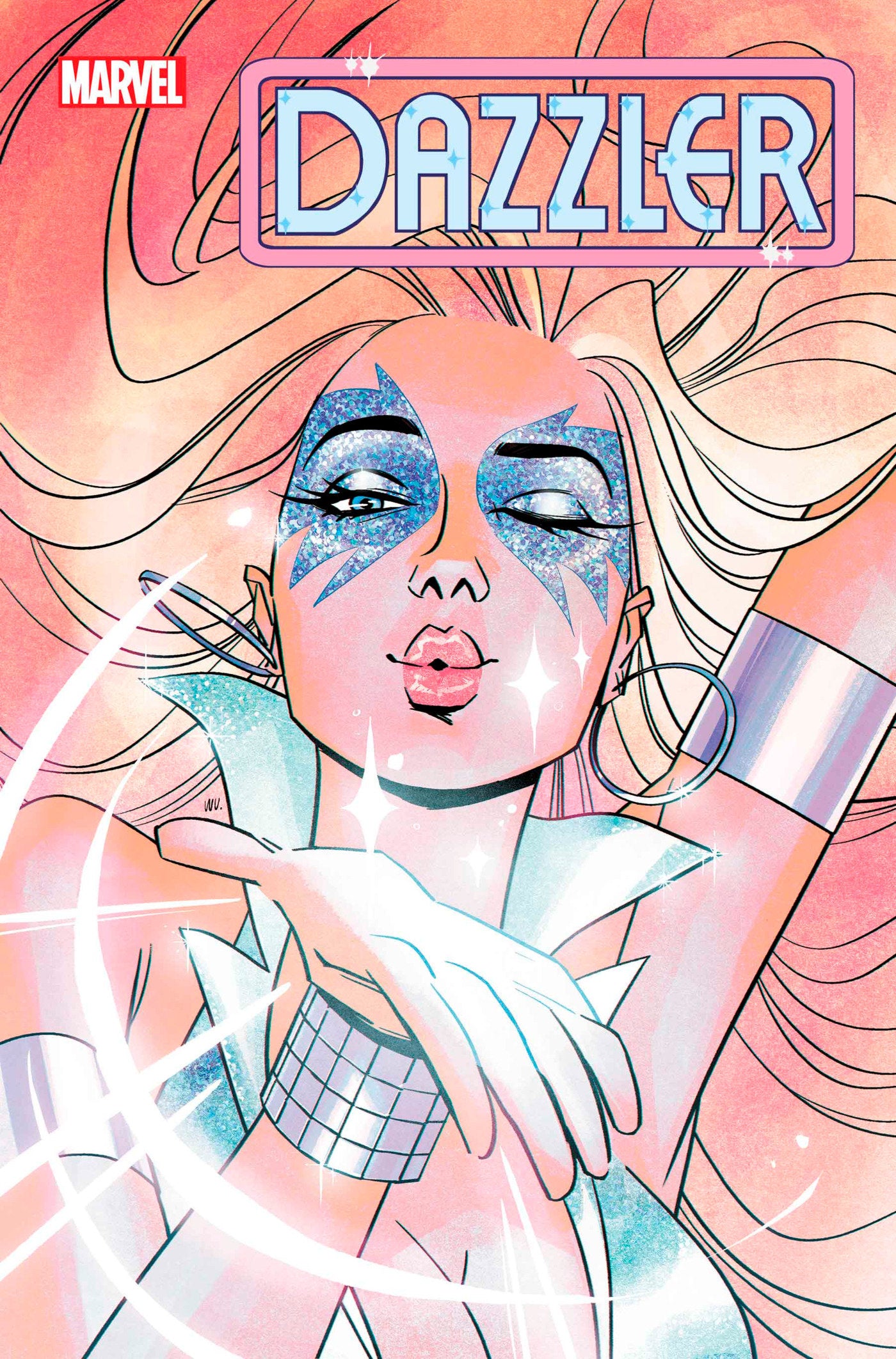 Marvel comic book cover: Dazzler, blonde hair, blue glitter makeup, blowing a kiss with sparkling hand.