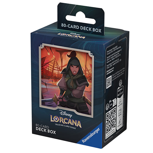Close-up of a Disney Lorcana trading card game deck box with Mulan on the front.