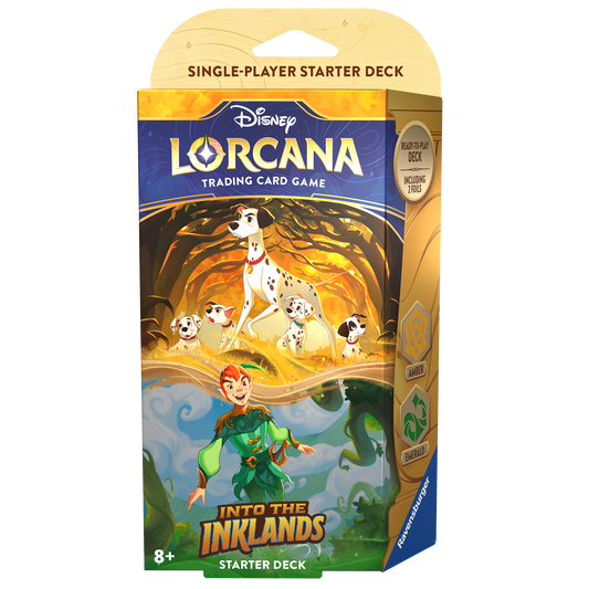 Box of Disney Lorcana Into the Inklands starter deck. The box art shows Pongo with five puppies in a forest, with Peter Pan standing below. "Amber" and "Emerald" are labeled on the side.