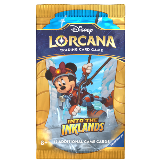 A Disney Lorcana Into the Inklands trading card pack with Minnie Mouse rappelling.
