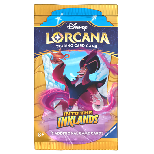 Disney Lorcana "Into the Inklands" trading card game booster pack, featuring Jafar holding the magic lamp.