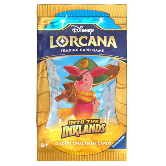 A Disney Lorcana: Into the Inklands trading card game booster pack featuring a pirate Piglet on a gold-trimmed blue package.