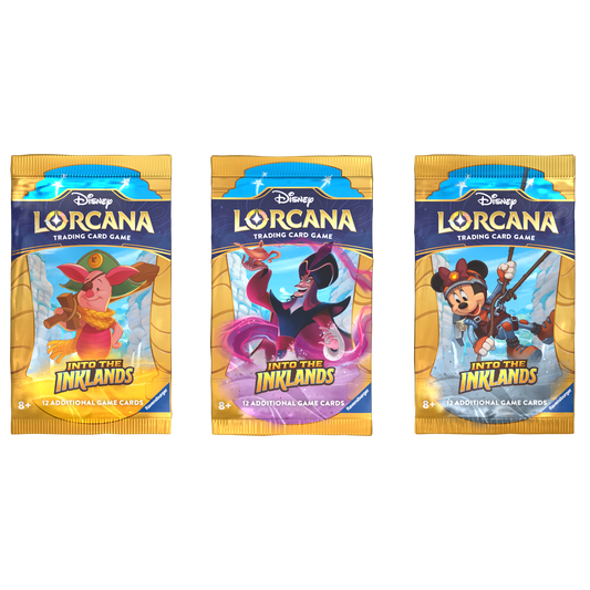 Three Disney Lorcana trading card game booster packs; each featuring a different character: Piglet as a pirate, Jafar, and Minnie Mouse in an adventuring outfit.