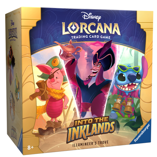 A box for a Disney Lorcana Trading Card Game called "Into the Inklands," with characters Piglet, Jafar, and Stitch pictured on the box.