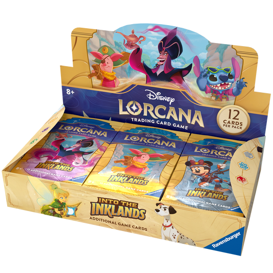 A box of Disney Lorcana trading card packs featuring characters Piglet, Jafar, Stitch, Tinker Bell, Mickey Mouse, and a Dalmatian.