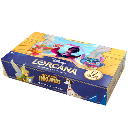 A blue and gold box for Disney Lorcana trading cards, featuring cartoon depictions of Tinkerbell, Piglet, Jafar, and Stitch.