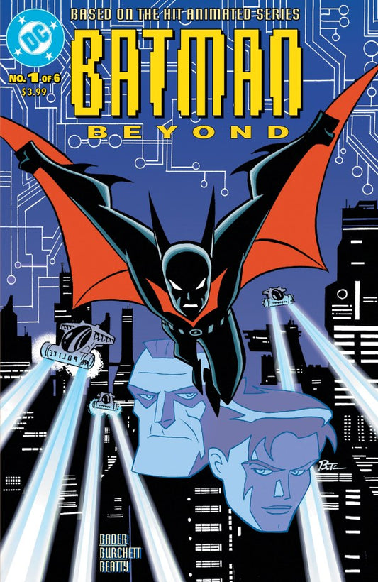 Comic book cover, Batman Beyond, black suit with red cape, futuristic cityscape.