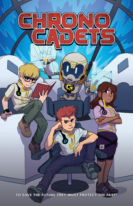 Cartoon cover: "Chrono Cadets" with three teens and a robot in a futuristic setting.
