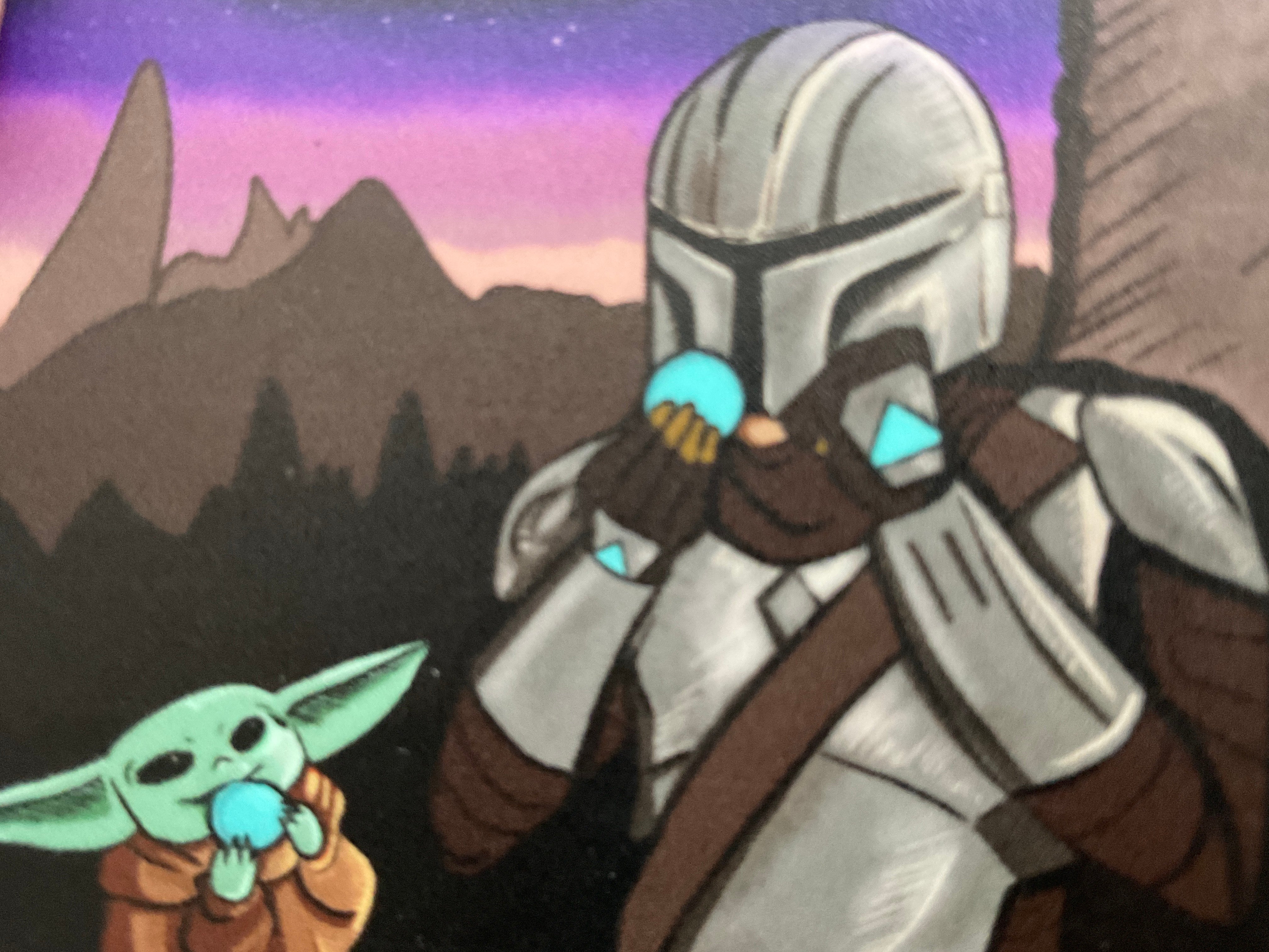 Cartoon of The Mandalorian and Grogu holding blue macarons with a mountain background.