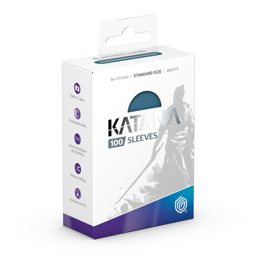 Box of Katana card sleeves, white with purple and blue, with a stylized samurai illustration.