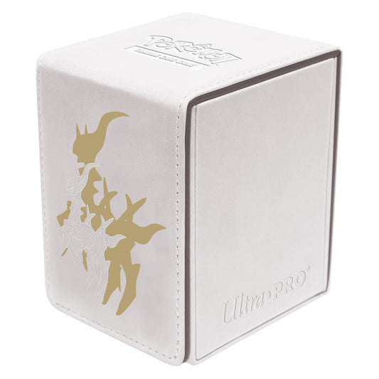 White Pokemon TCG Ultra Pro card deck box with gold design.