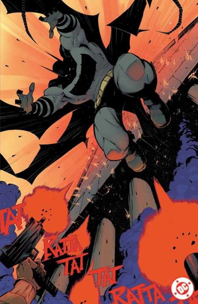Comic image: Batman leaping into action amidst gunfire and orange and blue smoke.