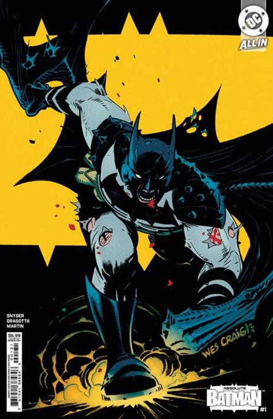 Comic book cover featuring Batman in a dynamic pose with a yellow background, blood on his face and body, wearing a spiked shoulder pad and cape.