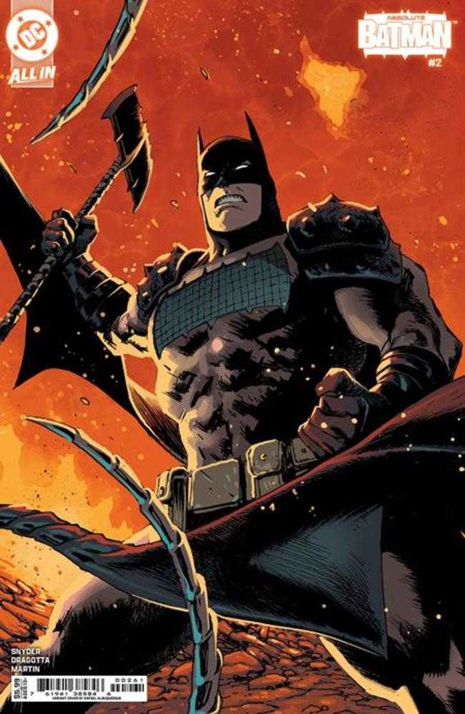Comic book cover art: Batman holding axe, fiery orange background.
