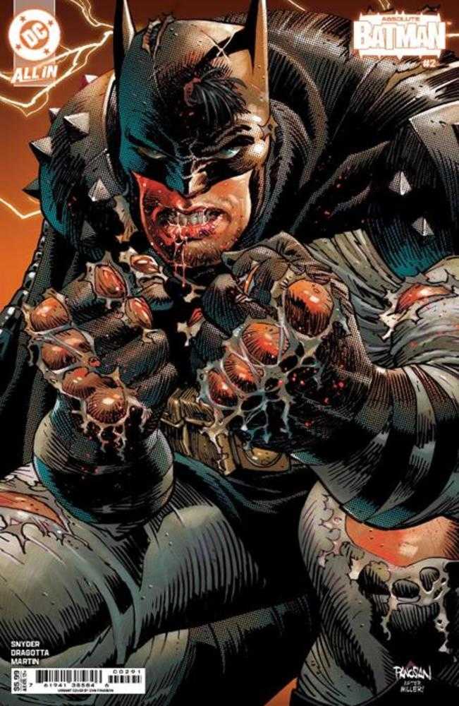 Comic book cover with a battered, bloody Batman clenching his fists.