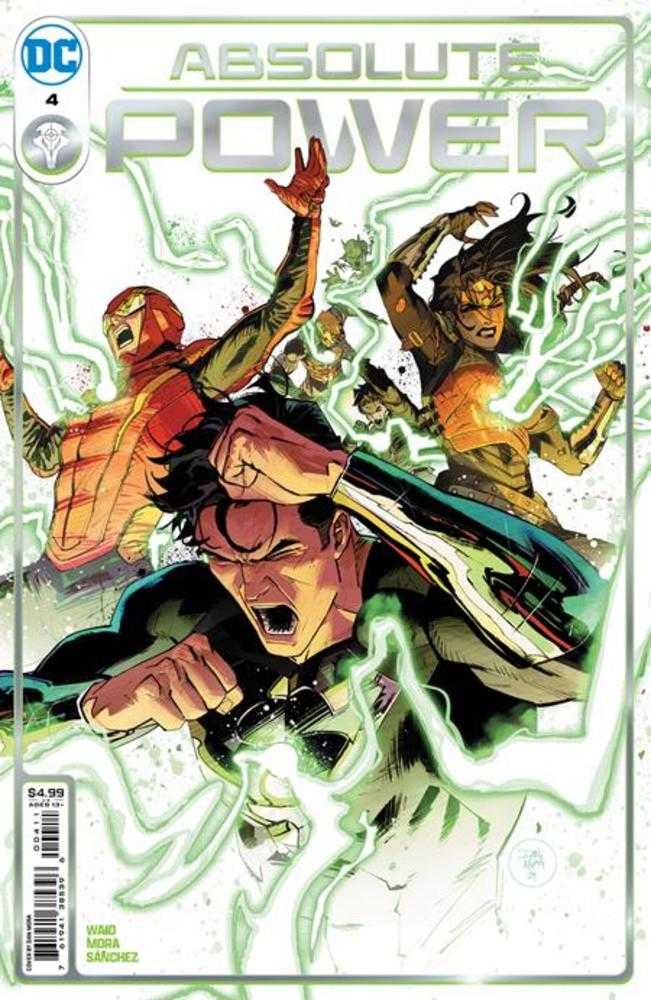 Comic book cover with four superheroes in distress against a white background with green lightning effects.