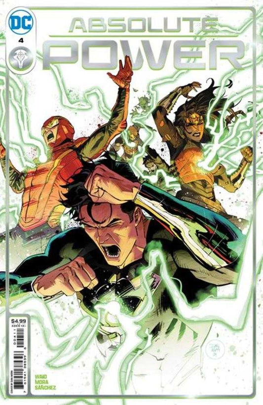 Comic book cover with four superheroes in distress against a white background with green lightning effects.