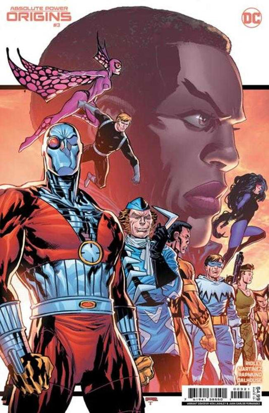Comic book cover, "Absolute Power Origins #3," featuring a group of superhero characters. The foreground features a character in red and silver, with a clock motif. Behind, other heroes are depicted in blue, orange, and purple. A large face looms in the background.