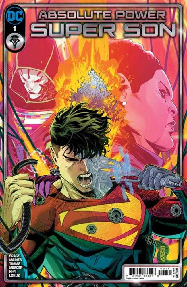 Comic book cover with Super Son in a mechanical suit.