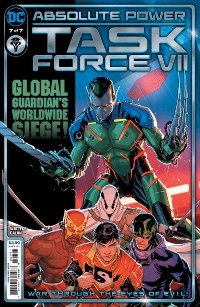 Comic book cover featuring various superheroes in colorful costumes against a dynamic, abstract background.