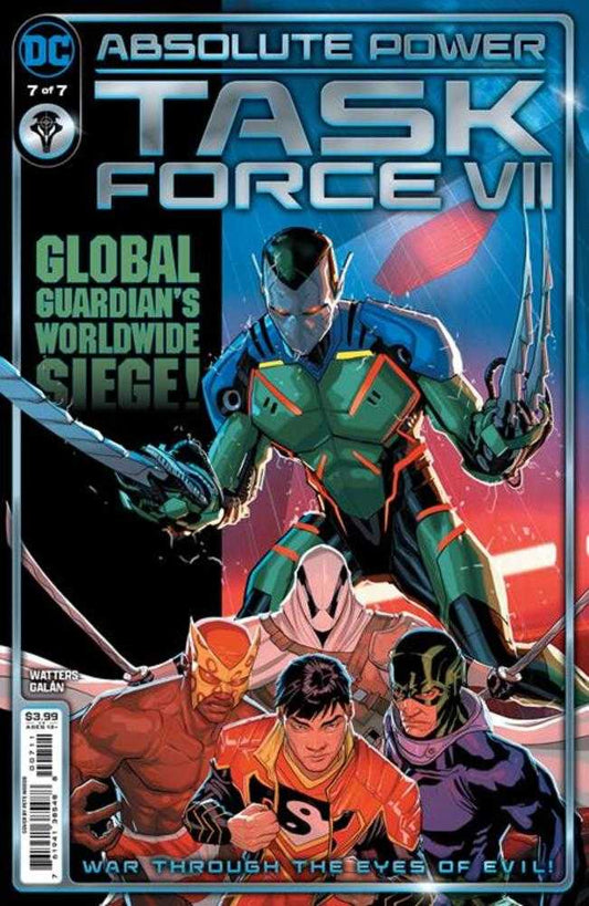 Comic book cover featuring various superheroes in colorful costumes against a dynamic, abstract background.