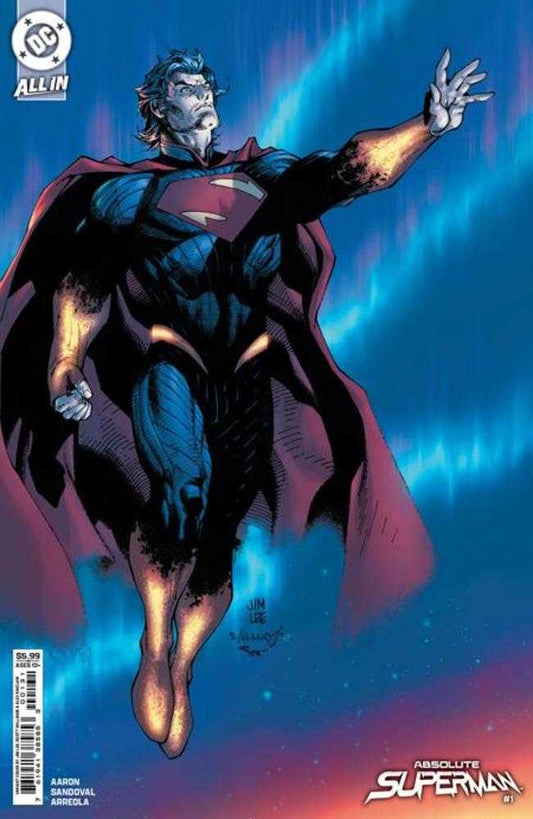 Comic book cover: Superman in flight, radiating energy, blue and red suit.
