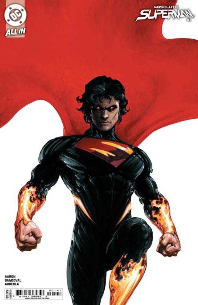 Comic book cover featuring a male superhero in a black suit with fiery accents and a red cape.