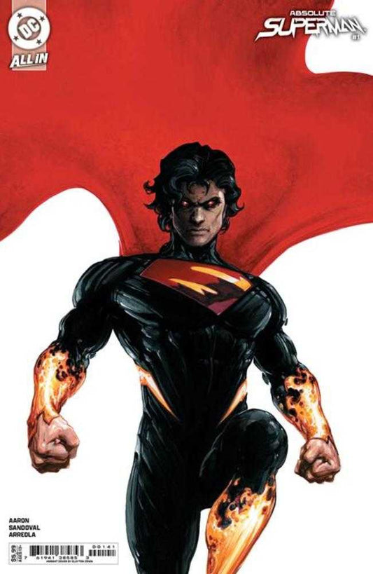 Comic book cover featuring a male superhero in a black suit with fiery accents and a red cape.