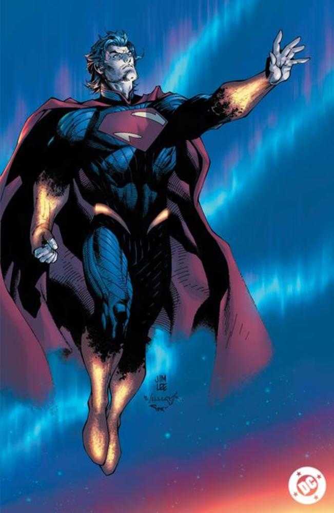 Superman character in a dark suit with a red cape.