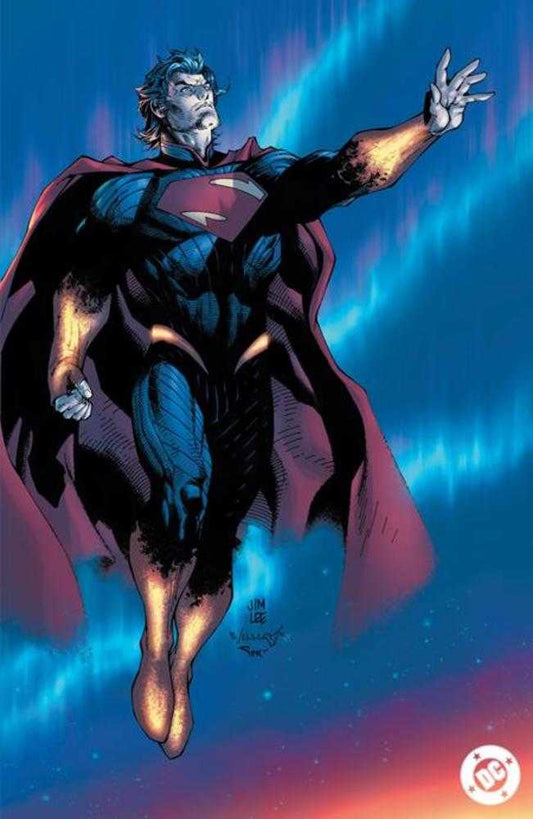 Superman character in a dark suit with a red cape.