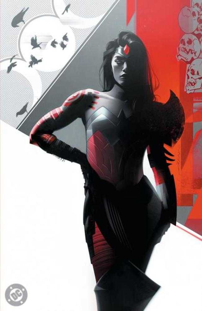 Comic art of Wonder Woman in black outfit with red accents, standing with hand on hip against a geometric background with birds and skulls.