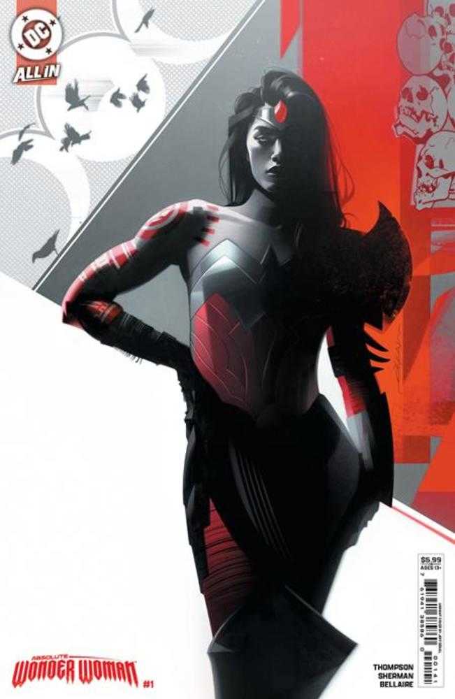 Comic book cover featuring Wonder Woman in a red and black outfit with a white, gray, and red background with birds and skulls.