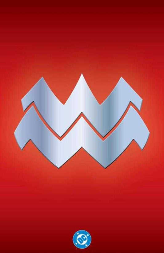 Red background with a metallic silver double-zigzag emblem, and a small blue and white DC logo in the lower right corner.