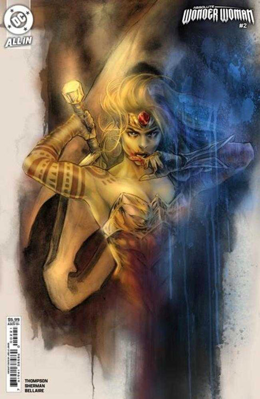 Wonder Woman comic book cover. Woman in gold and red armor with a bloody mouth, holding a mace. Blue and white background.