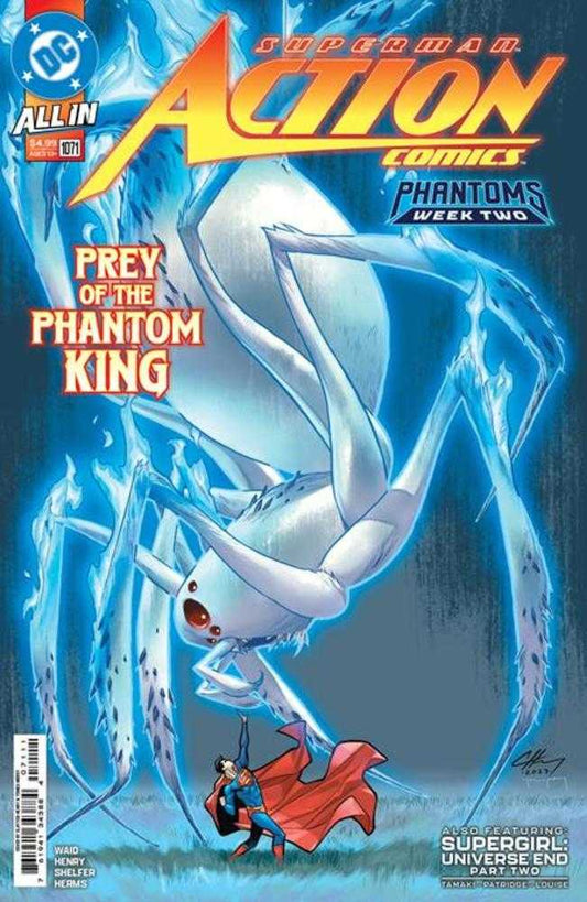 Superman Action Comics cover featuring Superman facing a giant white spider.