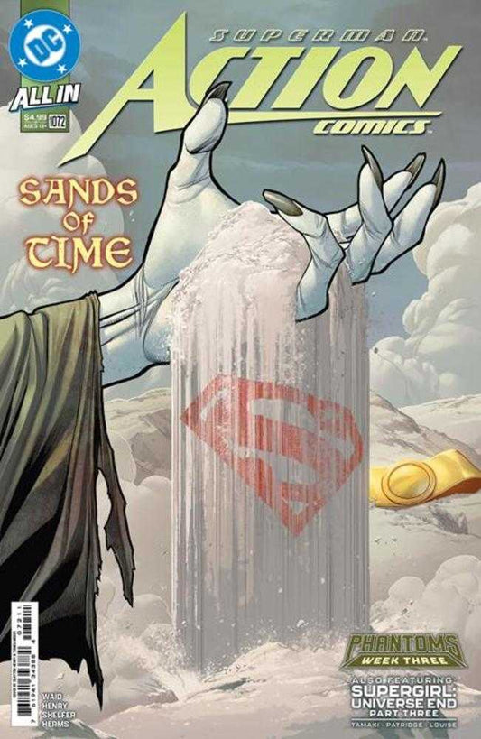 Comic book cover: "Action Comics #1072," featuring a villain's hand manipulating sand or water with the Superman logo.