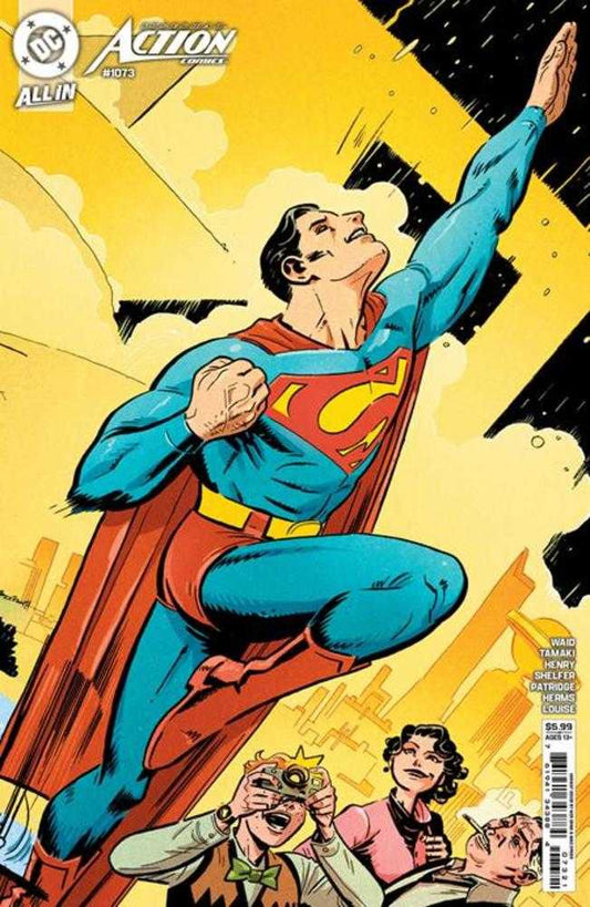 Superman flying over people. Superman in blue suit and red cape. People taking photos and smoking.