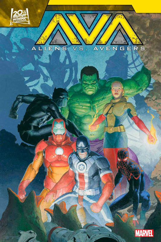 Comic book cover featuring multiple superheroes. Hulk, Captain Marvel, Iron Man, Captain America, Spider-Man, Black Panther, and aliens are pictured.