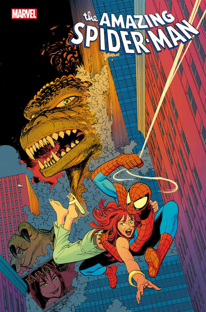 Comic book cover with Spider-Man, Mary Jane, monster, and cityscape.