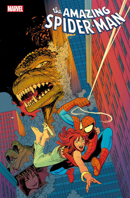 Comic book cover with Spider-Man, Mary Jane, monster, and cityscape.