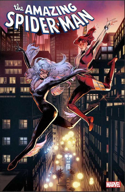 Comic book cover art featuring Black Cat in a black catsuit and Jackpot in a red and white suit leaping through a city.