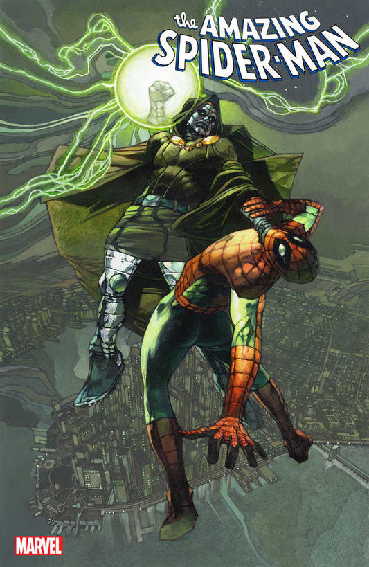 Comic book cover featuring the Amazing Spider-Man and Doctor Doom overlooking a cityscape.