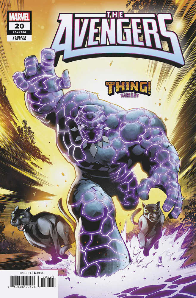 Comic book cover. "The Avengers" comic book #20. Black Panther-themed "Thing" character with two black panthers.