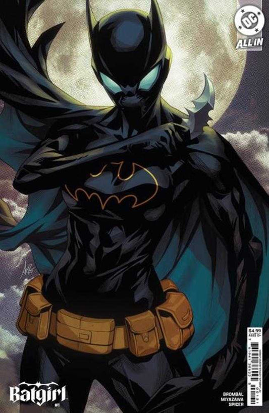 Comic book cover featuring Batgirl in a black suit with an orange Bat-symbol and utility belt, holding a batarang, against a full moon.