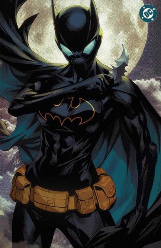 Comic book illustration of Batwoman holding a batarang against a moonlit backdrop. She wears a dark, tight-fitting costume with a gold bat symbol and utility belt.
