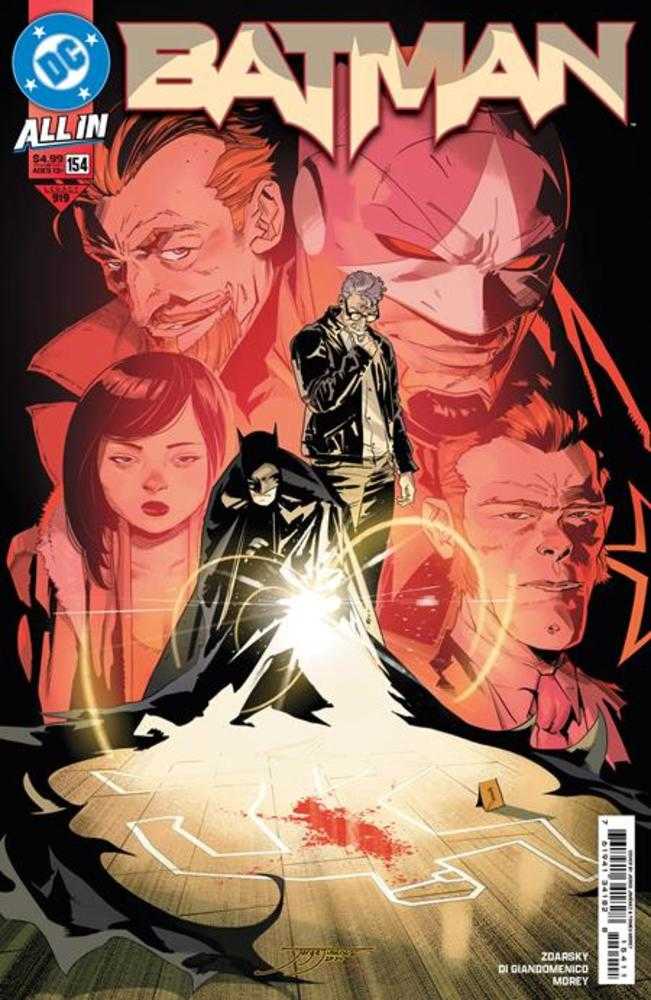 Comic book cover featuring Batman on a crime scene.