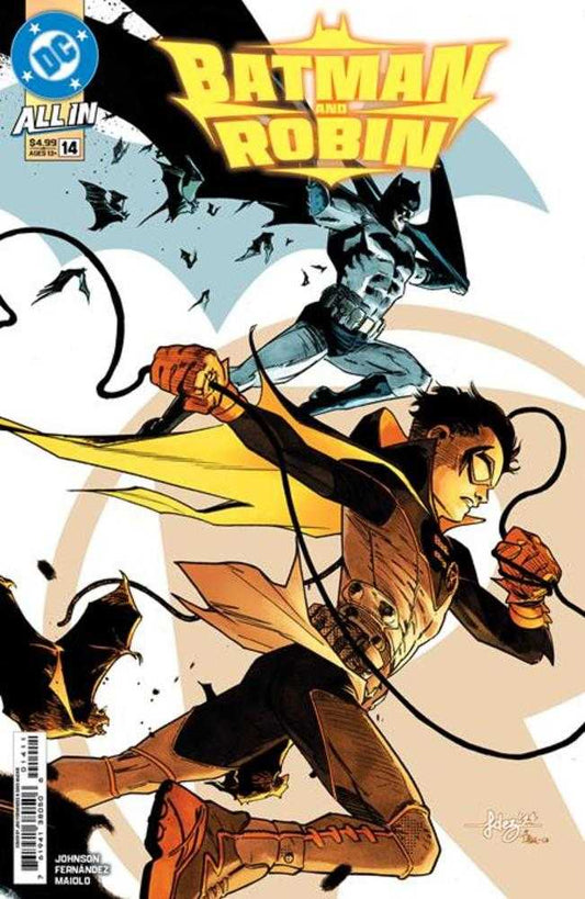 Comic book cover featuring Batman and Robin leaping forward, surrounded by bats against a light background.