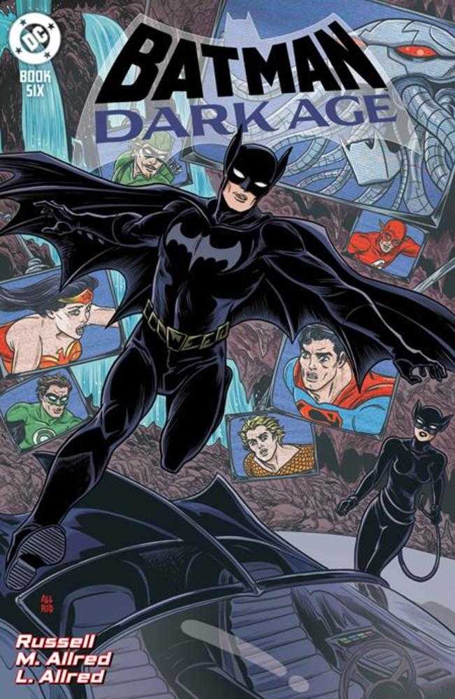 Comic book cover art showing Batman leaping from the Batmobile, with other DC characters depicted in smaller panels around him, against a backdrop of rocky terrain.