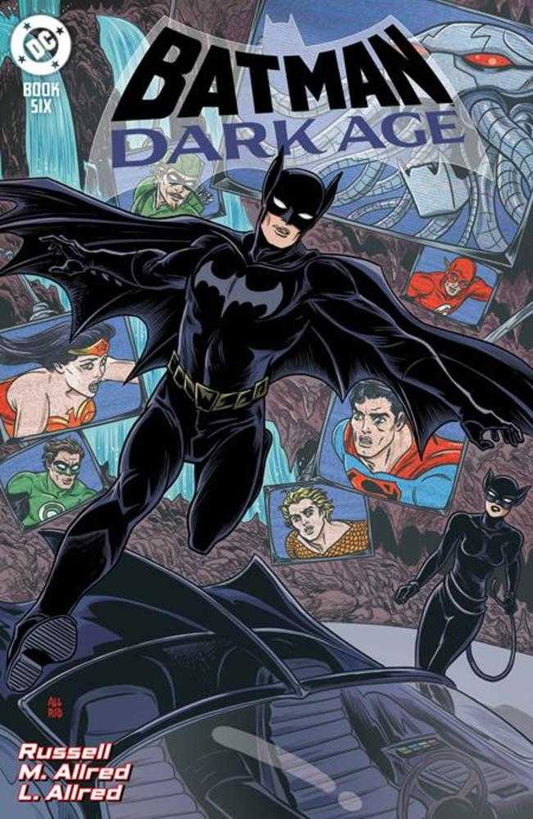 Comic book cover art showing Batman leaping from the Batmobile, with other DC characters depicted in smaller panels around him, against a backdrop of rocky terrain.